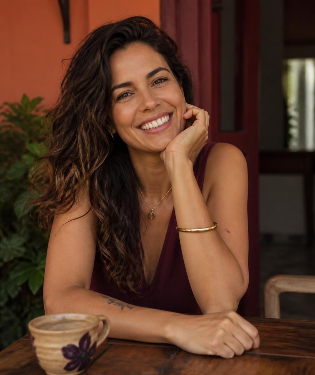 Mulher sorrindo com disposição em uma manhã de luz suave